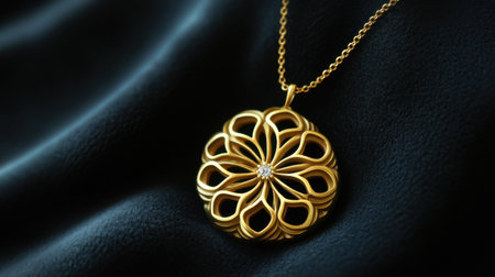 This image showcases an elegant gold pendant necklace featuring an intricate floral design on a soft black fabric. Ideal for glamor and fashion themes.の素材