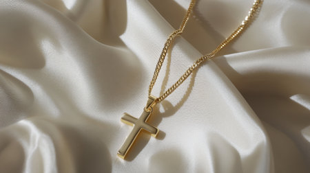 A captivating golden cross pendant necklace rests elegantly on a soft white satin fabric, blending beauty with the essence of faith and spirituality.の素材