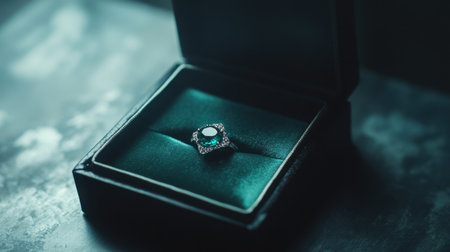 This stunning image features an elegant gemstone ring, beautifully displayed in a velvet jewelry box, showcasing intricate design and enchanting hues.の素材