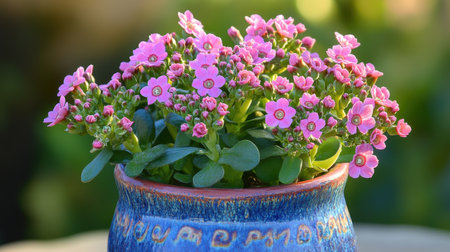 A close-up view of vibrant pink flowers in a decorative pot, showcasing delicate petals and lush green leaves, perfect for home decoration and nature enthusiasts.の素材