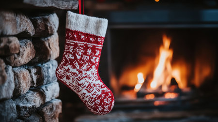 A charming Christmas stocking hanging by a roaring fireplace, surrounded by warm tones and rustic stone, creating a cozy holiday atmosphere perfect for festive celebrations.の素材