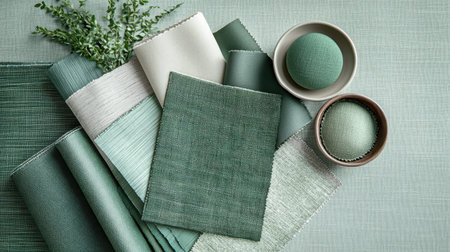 Elegant display of textiles and fabrics in refreshing green tones, beautifully arranged with natural touches, perfect for modern interior design inspiration.の素材