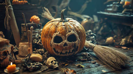 Captivating Halloween atmosphere featuring a carved pumpkin with a skull face, surrounded by spooky props and rustic decor, perfect for seasonal themes.の素材