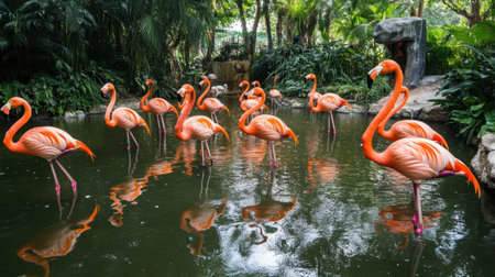 A stunning assembly of vibrant flamingos stands gracefully in calm waters, surrounded by lush tropical foliage, creating a tranquil and picturesque scene.の素材