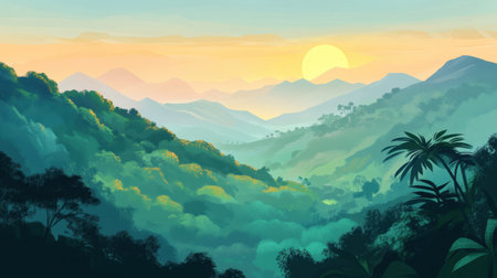 A breathtaking view of a tranquil mountain valley at sunrise, showcasing vibrant foliage and soft colors, perfect for capturing nature's beauty and serenity.の素材