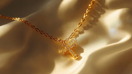 An elegant gold cross necklace glimmers with sparkling detail, resting gracefully on a soft satin background, perfect for adding a touch of luxury.の素材