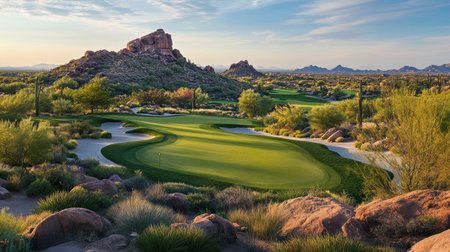 Breathtaking view of a desert golf course showcasing vibrant greens against a stunning rocky landscape, under the warm glow of sunset, ideal for relaxation.の素材