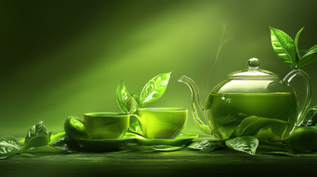 A serene green tea setting featuring elegant cups and a teapot surrounded by fresh leaves. The vibrant colors evoke relaxation and wellness, perfect for a refreshing beverage.の素材