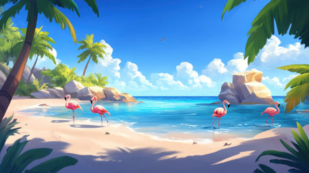 A vibrant tropical beach scene featuring graceful flamingos, lush palm trees, and a clear blue ocean under a bright sky, perfect for relaxation and adventure.の素材