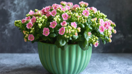 A stunning display of pink flowers in a textured green pot against a soft background, perfect for enhancing home decor or celebrating nature's beauty.の素材