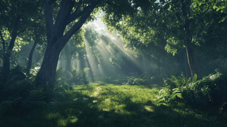 A serene forest scene showcasing sunlight streaming through dense trees, illuminating vibrant greenery and soft ferns on the forest floor, inviting tranquility.の素材