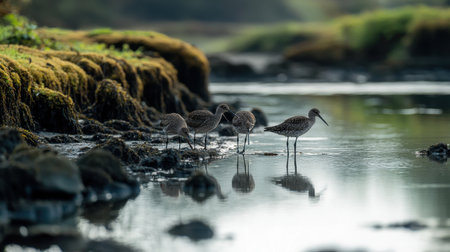 A serene scene featuring wading birds along a quiet wetland edge, capturing the gentle reflections on the water surface during morning light.の素材