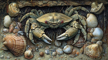 A vibrant illustration features a crab amidst various seashells, showcasing marine life and the beauty of ocean ecosystems in great detail.の素材