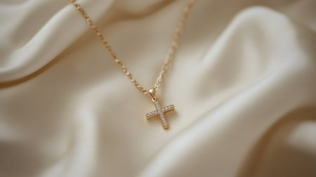 A stunning gold cross necklace, featuring sparkling diamonds, elegantly draped on a smooth silk fabric, perfect for accessories and fashion enthusiasts.の素材