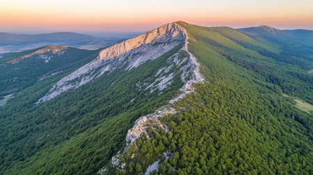 Discover a breathtaking aerial view of a lush green mountain ridge basking in the warm hues of sunset, highlighting the tranquility and beauty of nature.の素材