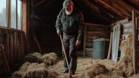 An elderly man wearing a plaid shirt and cap cleans a rustic barn with a shovel. Sunlight filters through the wooden structure, highlighting the hay.の素材