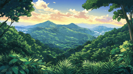 Experience a breathtaking scene of lush green mountains under a colorful sunset sky adorned with soft clouds. Perfect for nature lovers, this landscape captures tranquility.の素材