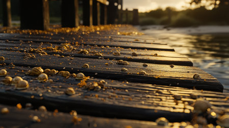 A tranquil wooden dock captures a serene sunset moment, featuring glimmering water and textured planks adorned with natural elements, creating a peaceful atmosphere.の素材