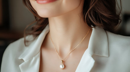 A stunning portrait of a woman showcasing her elegance with a gold necklace featuring a pearl pendant. The soft natural light enhances her beauty, highlighting the delicate accessory against her graceful appearance.の素材