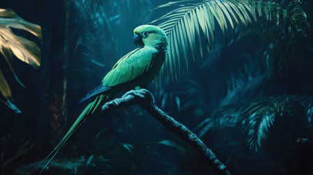 A striking green parrot sits gracefully on a branch, surrounded by rich tropical foliage in a mysterious jungle, highlighting nature's beauty.の素材