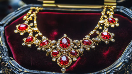 This stunning vintage necklace features striking red gemstones set in intricate gold detailing, displayed elegantly in a luxurious jewelry box. Perfect for showcasing beauty and elegance.の素材