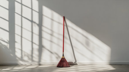 A single red broom leans against a light wall, casting elegant shadows on the floor, creating a calming and minimalist domestic scene ideal for interiors.の素材