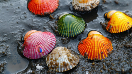 A stunning collection of colorful seashells resting on a wet shoreline. The vibrant hues and unique textures create an attractive natural display perfect for coastal imagery.の素材