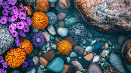 A captivating scene showcasing vibrant sea urchins nestled among smooth stones and blooming flowers in a crystal-clear water pool.の素材