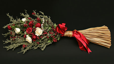 A stunning floral arrangement featuring red roses and white blooms adorned with greenery and ribbons, perfect for seasonal decor and celebrations.の素材