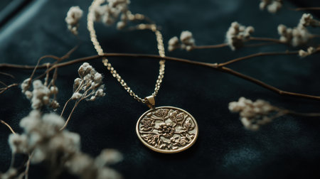 This stunning image features an elegant gold pendant necklace with intricate floral designs, set amidst delicate dried flowers on a rich dark background.の素材