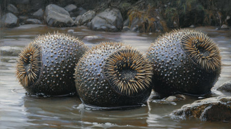 This captivating image showcases three distinct sea urchins emerging from a calm coastal environment, highlighting their unique textures and spines.の素材