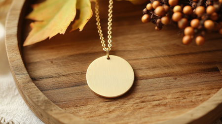 This elegant round necklace pendant, crafted from gold, rests on a wooden plate alongside autumn leaves and berries, creating a warm seasonal atmosphere.の素材