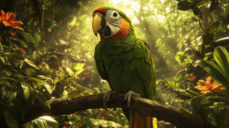 A striking parrot perched gracefully on a branch, surrounded by a vivid jungle backdrop filled with rich green foliage and warm sunlight filtering through the trees.の素材