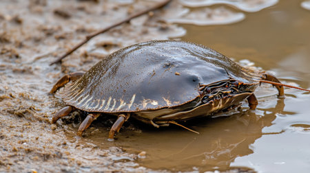 A close view of an aquatic creature with a glossy shell resting on muddy ground beside tranquil water. The image captures the essence of natural wildlife in a serene habitat.の素材