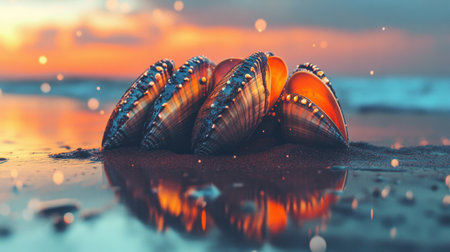 Captivating close-up of beautiful seashells on a shoreline during sunset. The gentle waves caress the sand, creating a serene atmosphere perfect for relaxation.の素材