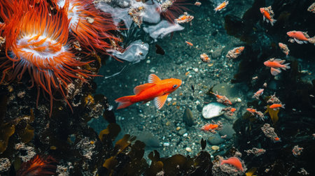 This breathtaking underwater scene showcases a vibrant array of colorful fish swimming among anemones and marine life in clear blue waters.の素材