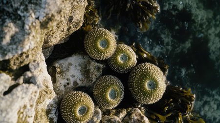 This image captures a stunning top-down view of sea urchins nestled on a rocky shore, surrounded by vibrant seaweed and the serene reflection of water.の素材