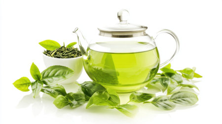 A clear glass teapot filled with vibrant green tea, surrounded by fresh green tea leaves and loose leaf tea in a bowl, representing health and wellness.の素材