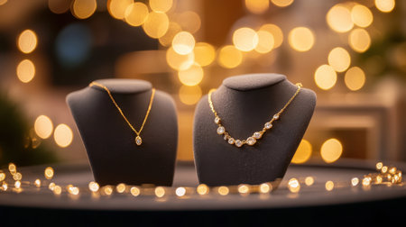 This image showcases an elegant jewelry display featuring exquisite necklaces on gray busts, set against a captivating golden bokeh background that enhances the luxurious atmosphere.の素材