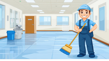 A cheerful male janitor stands in a bright, modern office space, holding a broom and smiling, emphasizing cleanliness and professionalism in maintenance work.の素材