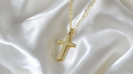 This image features an elegant gold cross necklace resting on soft satin fabric, perfect for showcasing fashion and religious themes in your projects.の素材