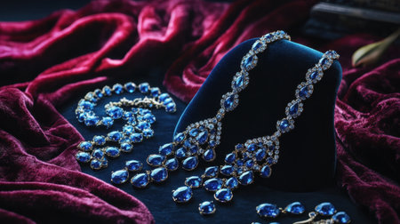 This stunning image features an exquisite blue gemstone jewelry set elegantly displayed on a rich velvet background, showcasing intricate designs and sparkling details.の素材