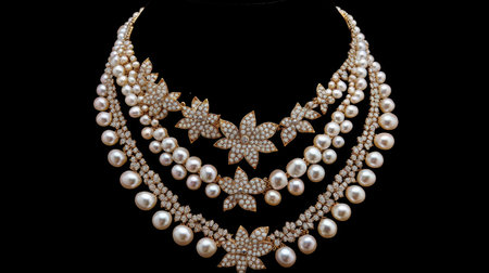 A stunning collection of elegant pearl and diamond necklaces displayed against a black background, highlighting the luxury and detailed craftsmanship of fine jewelry.の素材