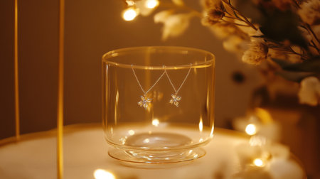This image features elegant silver earrings showcased in a glass container, surrounded by warm lights and delicate flowers, creating a serene ambiance.の素材