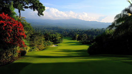 Experience the beauty of a serene golf course, nestled among lush greenery and vibrant flowers, set against a clear blue sky and distant mountains.の素材