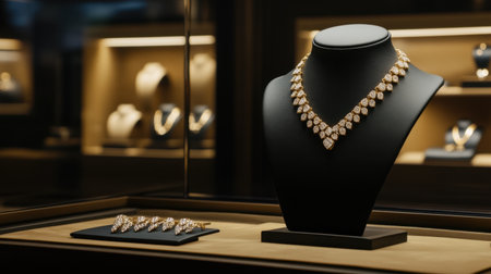A stunning gold and diamond necklace elegantly displayed on a black bust, surrounded by exquisite rings, symbolizing luxury and style in a boutique jewelry store.の素材