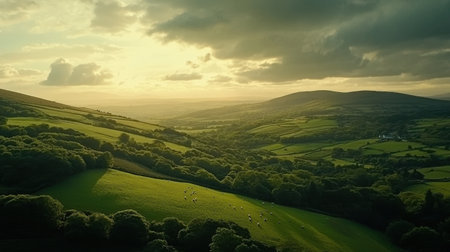 A breathtaking aerial view of green hills dotted with grazing cows, bathed in warm golden light during sunset, capturing the tranquil beauty of rural nature.の素材