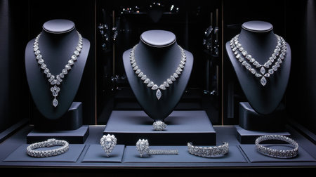 This image features an elegant display of exquisite diamond jewelry, including stunning necklaces, bracelets, and rings in a luxurious boutique setting.の素材
