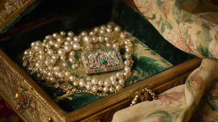 A stunning vintage jewelry display featuring an elegant pearl necklace and an intricate gold locket in a beautifully decorated box, highlighting luxury and craftsmanship.の素材