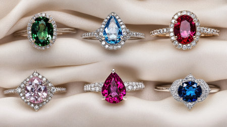 A captivating arrangement of gemstone rings featuring vibrant colors like green, blue, pink, and red, set against a soft satin background, showcasing exquisite detailing and luxury.の素材